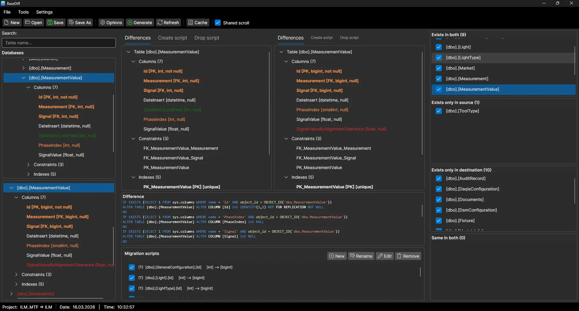 BaseDiff main window showing database schema comparison tree with SQL update scripts