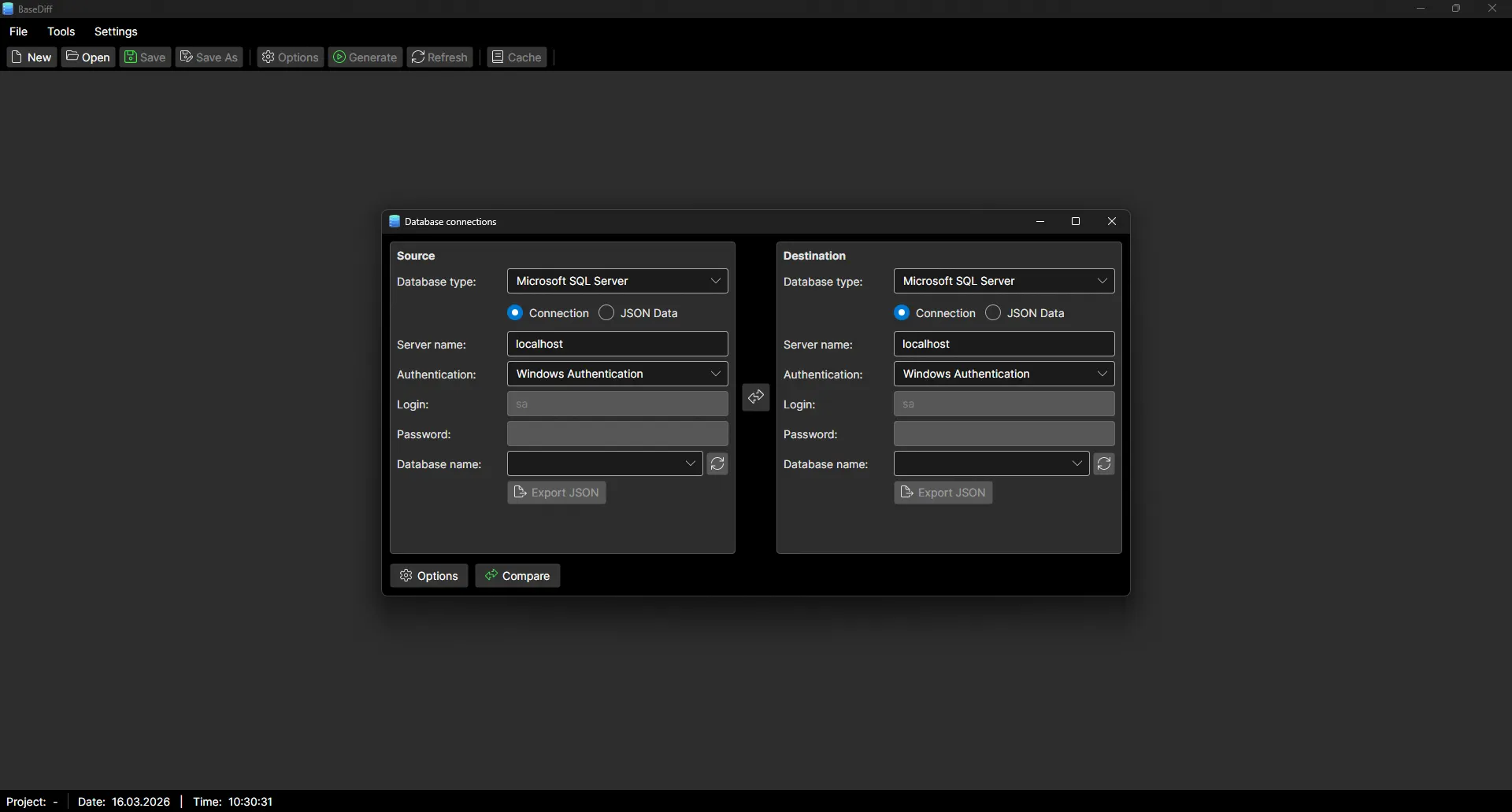 BaseDiff source and target database selection dialog for SQL Server schema comparison