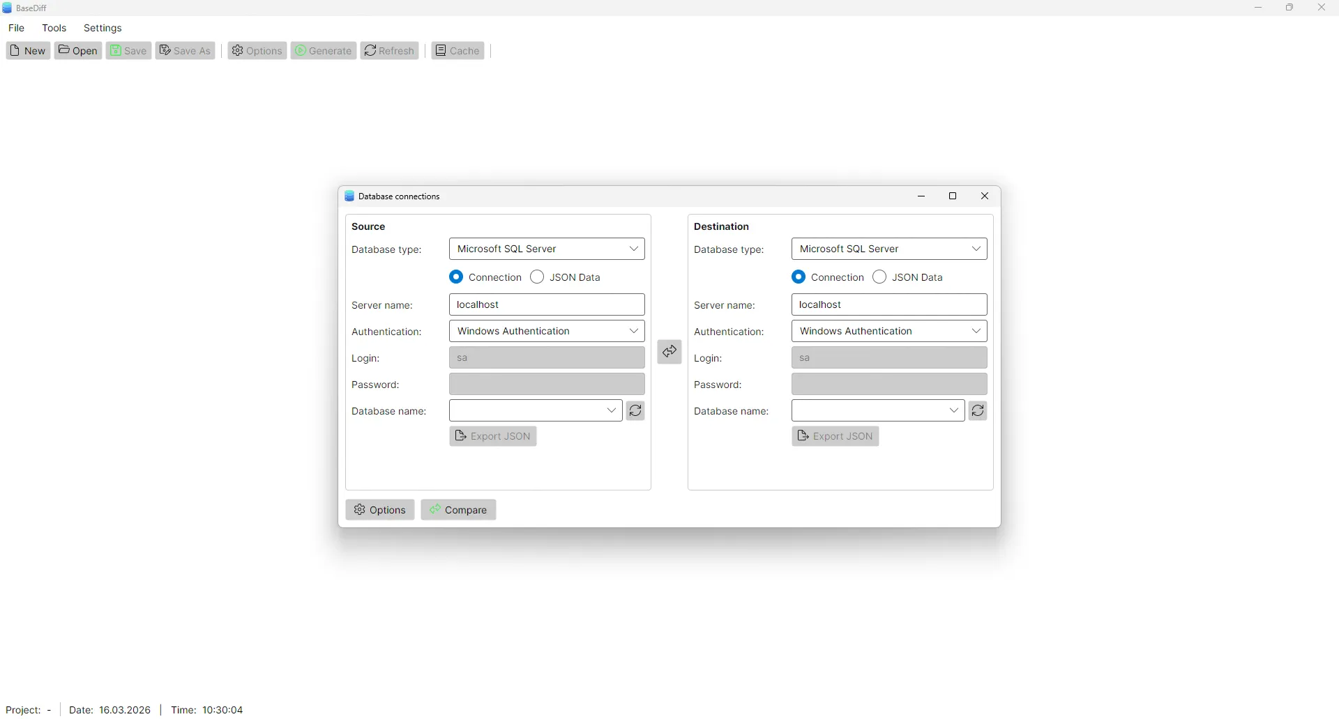 BaseDiff source and target database selection dialog for SQL Server schema comparison