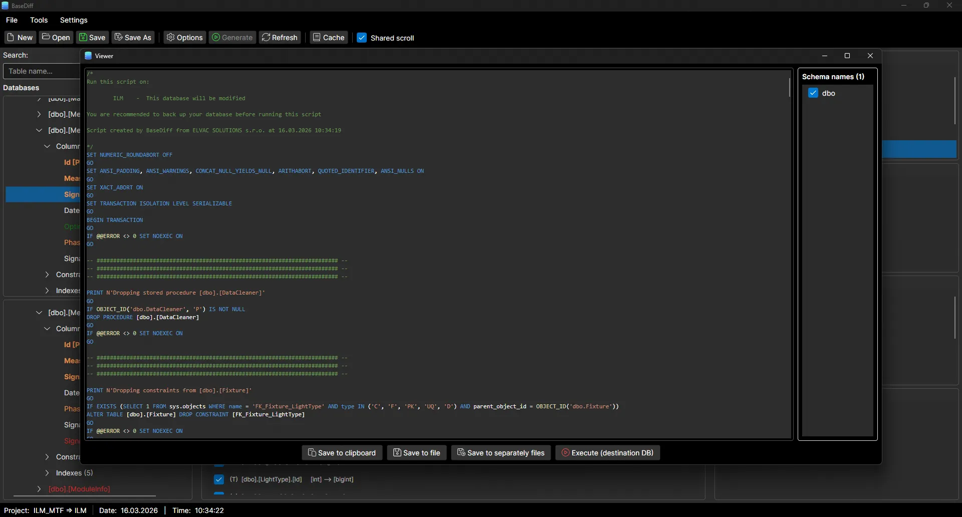 BaseDiff SQL migration script export to files including CREATE ALTER and DROP statements