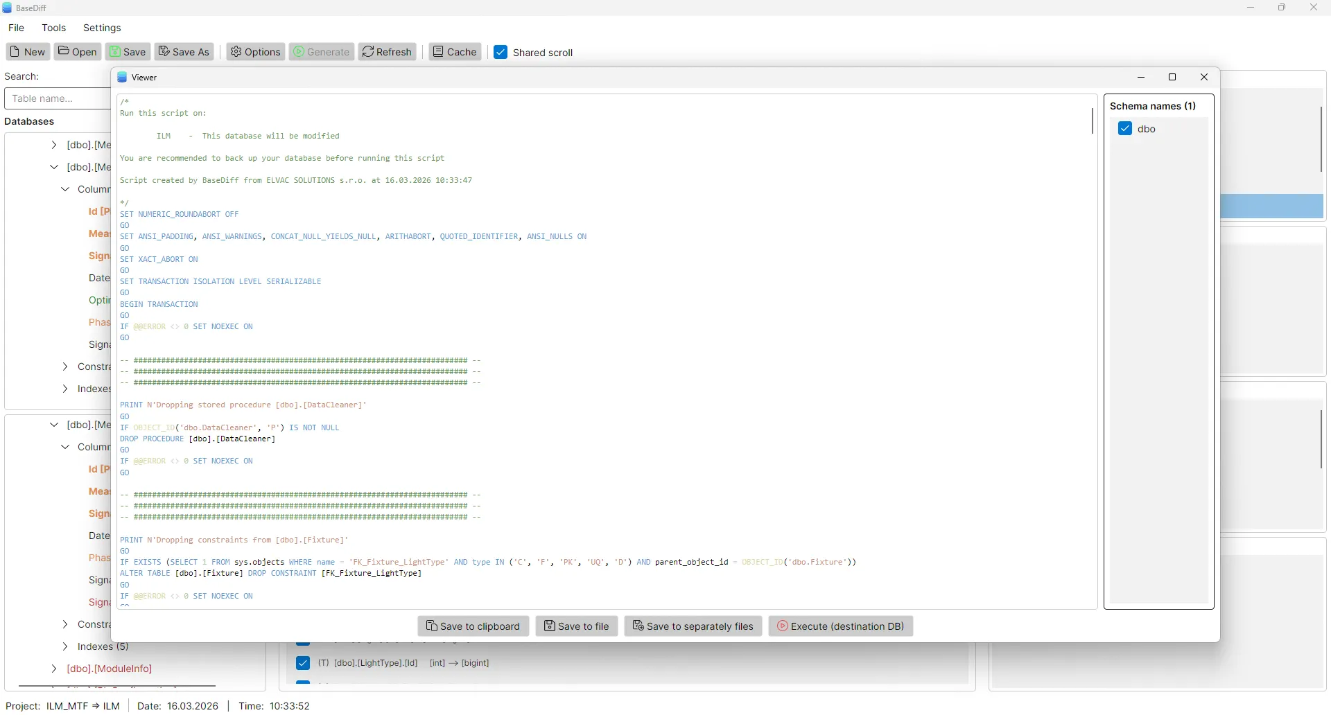 BaseDiff SQL migration script export to files including CREATE ALTER and DROP statements