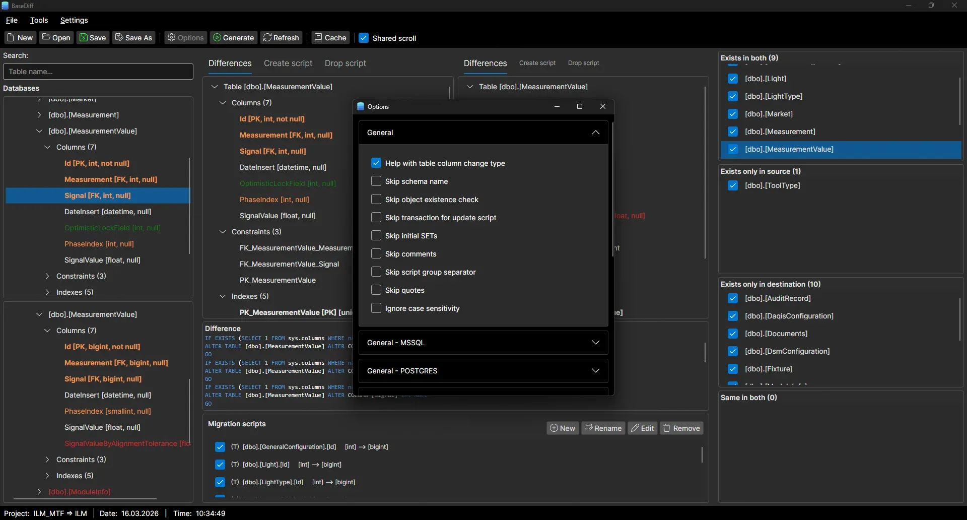 BaseDiff tracked database objects settings including tables indexes views stored procedures and triggers