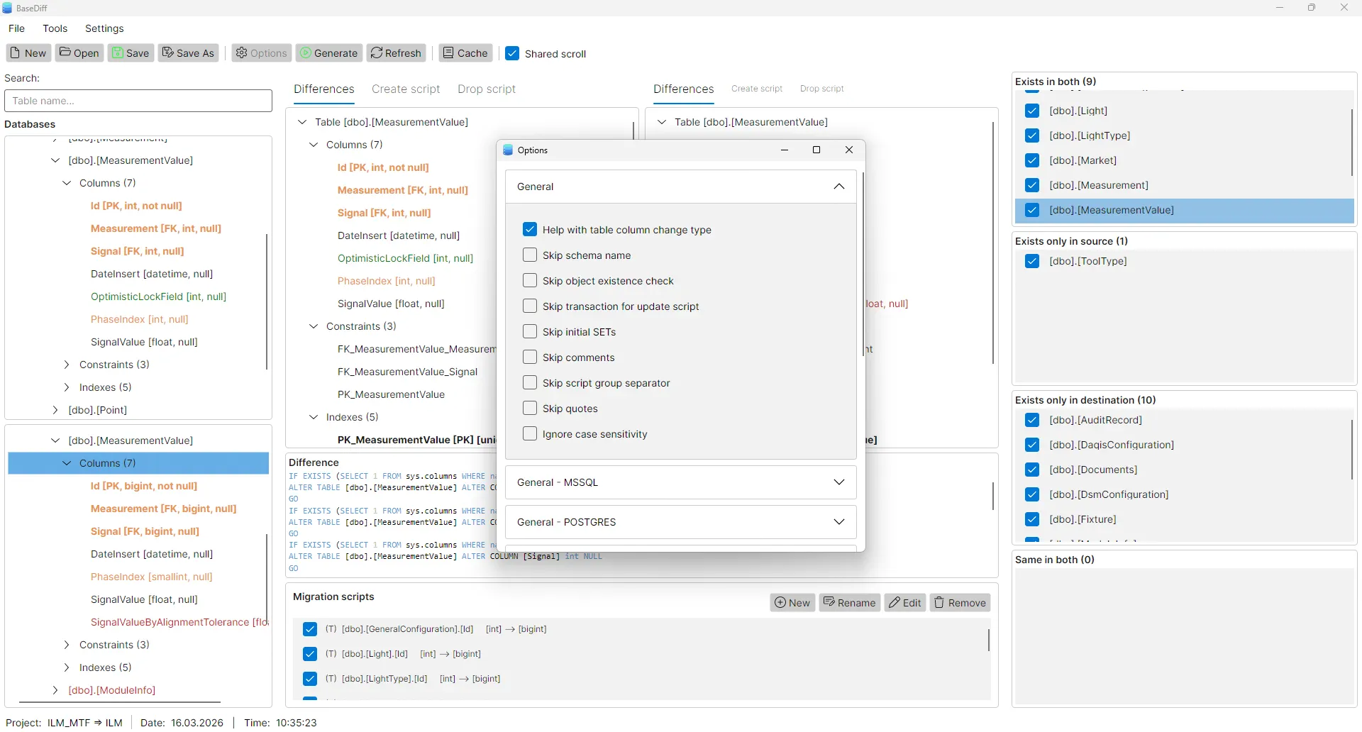BaseDiff tracked database objects settings including tables indexes views stored procedures and triggers