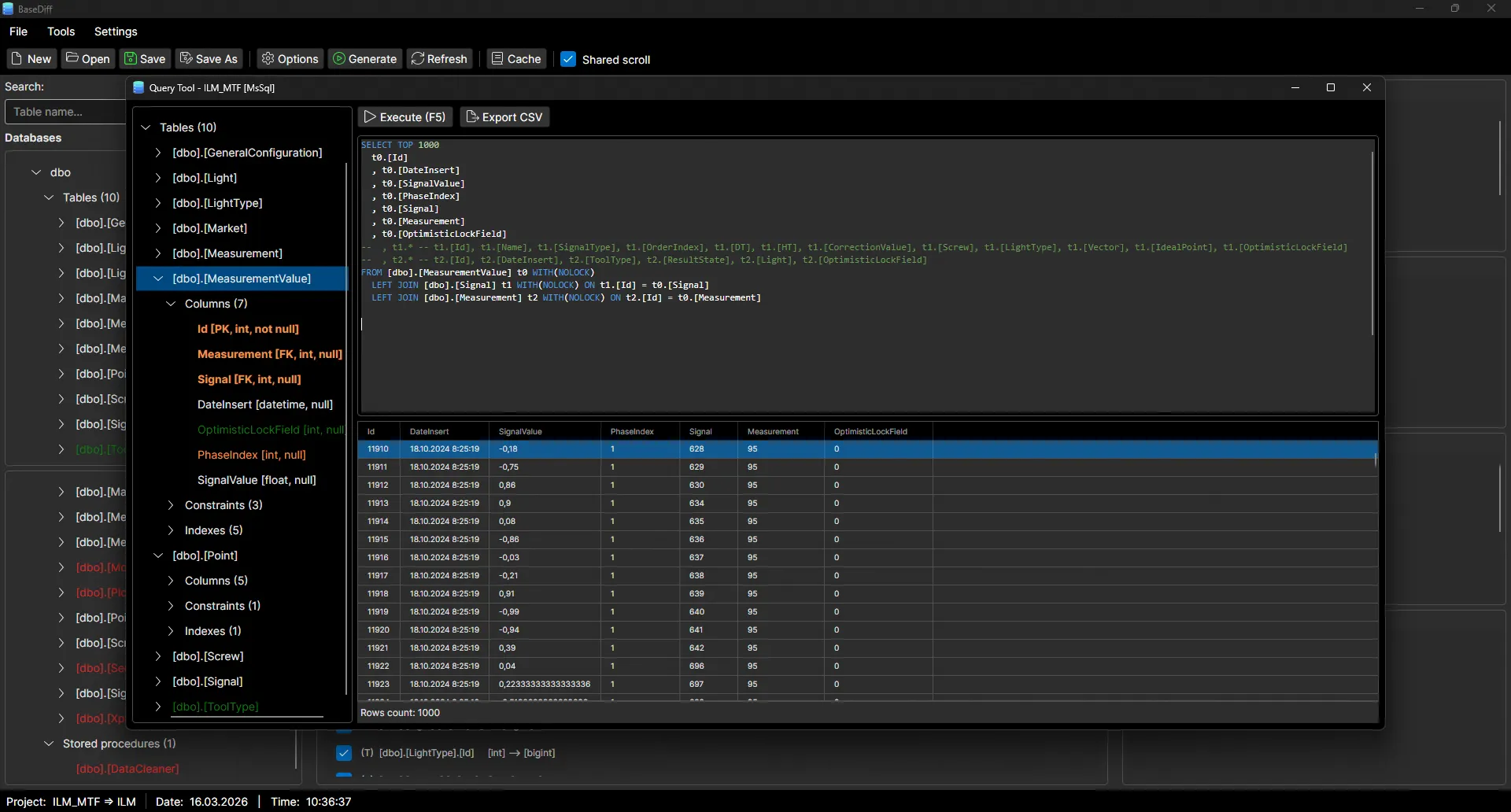 BaseDiff Query Tool building SQL SELECT queries with JOINs for database migration scripts