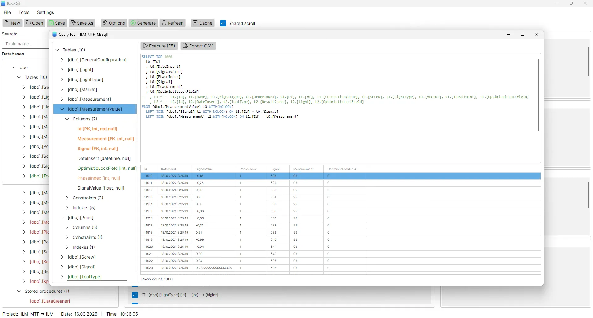 BaseDiff Query Tool building SQL SELECT queries with JOINs for database migration scripts